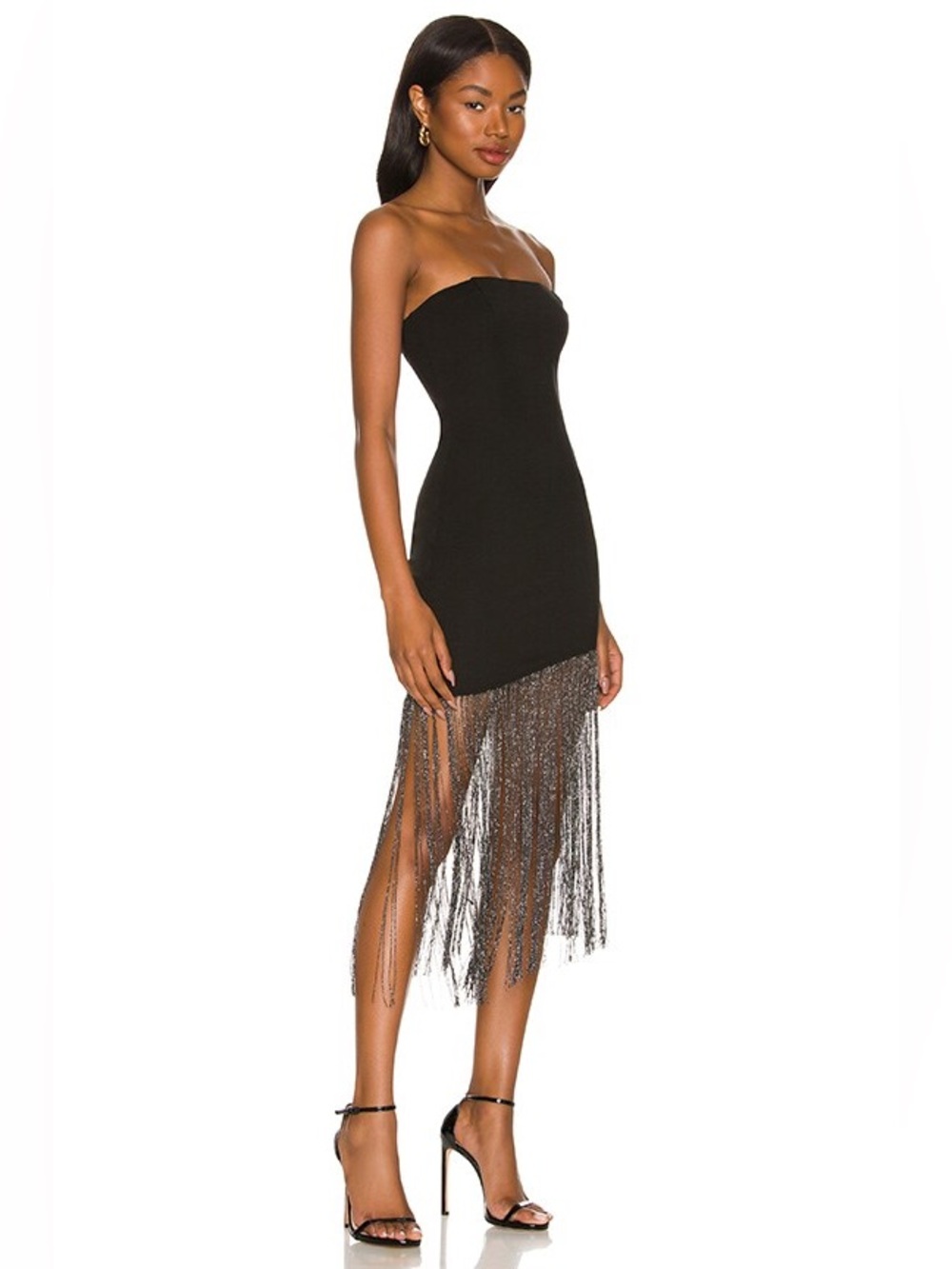 superdown Cleo Black Strapless Fringe Hem Cocktail Dress